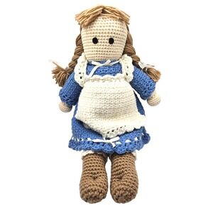 Handmade‎ Crochet Rag Doll 19 Inch Blue Dress White Apron Yarn Hair Stuffed Toy
